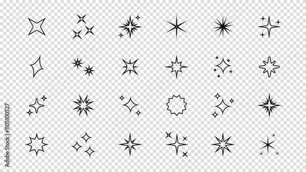 Fototapeta Set of star sparkle shapes with neon glow. Abstract shine effect vector icons in retro futuristic style. Twinkling stars, flashes, and bursts for creative design elements on a transparent bg