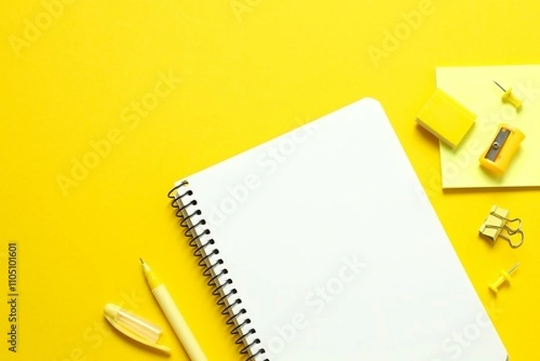 Fototapeta Flat lay with notebook and school stationery on color background, top view