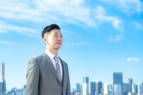 Fototapeta 青空とビル群を背景にしたビジネスマンのポートレート