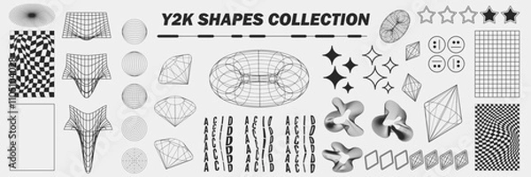 Fototapeta Abstract geometry wireframe shapes and patterns, cyberpunk elements, signs and perspective grids. Surreal geometric retro signs. Rave psychedelic futuristic Y2k acid aesthetic set. Vector illustration