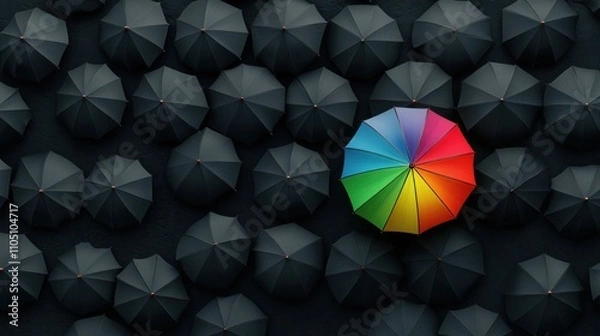 Fototapeta A unique vibrant rainbow umbrella stands out among black umbrellas, symbolizing individuality, creativity, and uniqueness for marketing, branding, and leadership concepts.