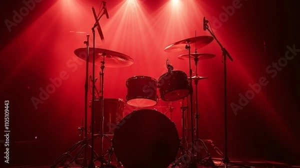 Fototapeta A drum set on stage with red lights and smoke.