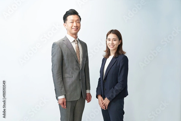 Obraz 白い背景の前に立つスーツ姿の男女