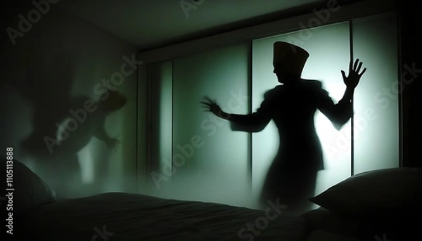 Fototapeta Ghostly silhouette in mysterious shadow, haunted room exudes a dark atmosphere.