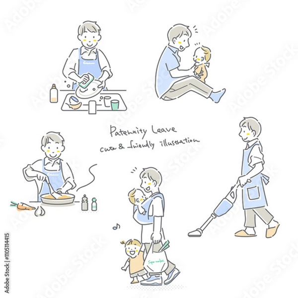 Fototapeta 家事・育児をする若い男性セット　育児休暇取得　シンプルでお洒落な線画イラスト