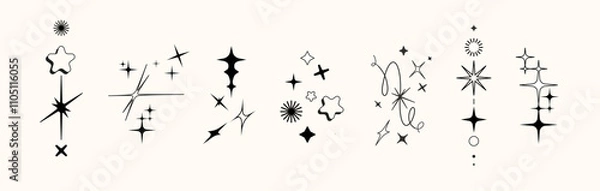 Fototapeta Y2k style Twinkle star figures, tattoo bling shapes. Magical sparkle flash, shiny shine. The fireworks flicker, blink, the figures sparkle and glow.