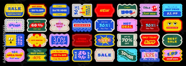 Fototapeta Big set of price tag and sale stickers. Label coupon in brutalism and modern y2k style. Sale promotion labels, black friday, 11.11.11, cyber monday. Perfect for retail marketing and special offers