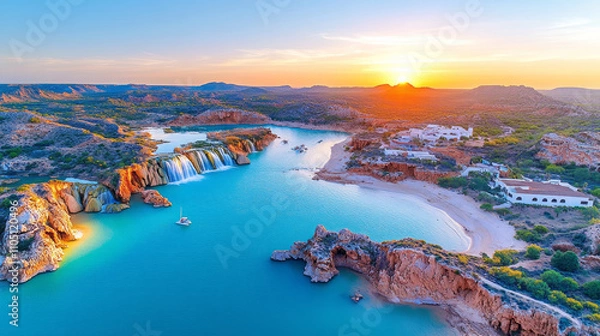 Fototapeta breathtaking coastal landscape at sunset features serene beach, cascading waterfall, and vibrant blue waters, creating tranquil and picturesque scene