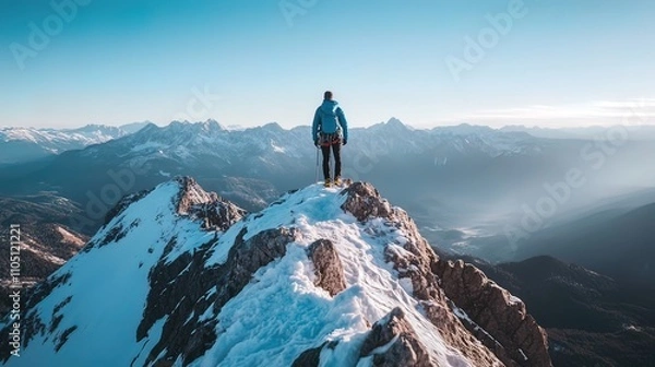 Fototapeta A lone figure stands on a snow-covered mountain peak, overlooking a vast mountain range.