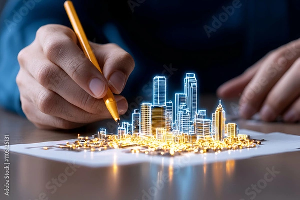Fototapeta A person uses a stylus to create a glowing, 3D representation of a city skyline on paper, blending art with technology.