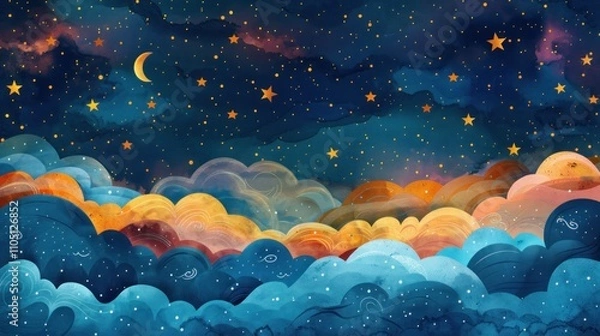 Fototapeta Dreamy night sky with colorful clouds and stars.