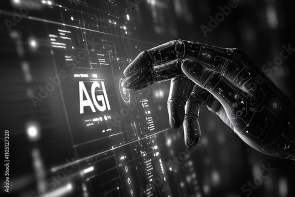 Fototapeta a detailed robotic hand touches a glowing agi interface surrounded by futuristic digital data and high-tech visuals
