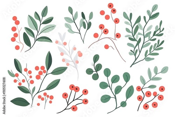 Obraz Branch with leaves and red berries. Hand drawn floral collection