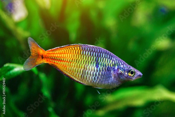Obraz A green beautiful planted tropical freshwater aquarium with fishes and shrimps.Boeseman's rainbowfish - Melanotaenia boesemani,with water plants.