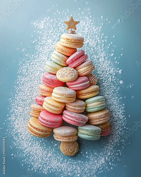 Fototapeta Very juicy and delicious colorful macarons stacked on top of each other in the shape of a Christmas tree with decorations, standing on a solid blue background, in the spirit of Christmas and New Year