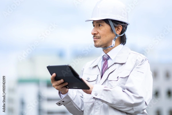 Fototapeta タブレットの設計図を見る男性