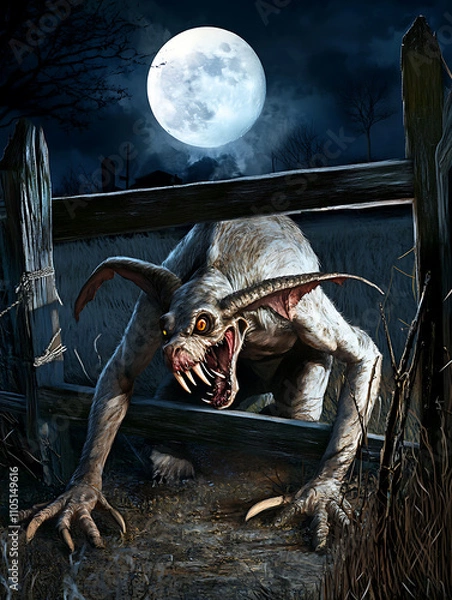 Obraz Chupacabra crouched near farm fence under moonlight, showcasing its menacing features and eerie presence. scene evokes sense of fear and mystery
