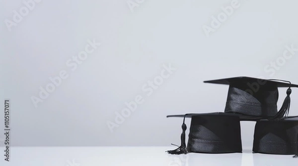 Fototapeta Several black graduation caps isolated on a white background