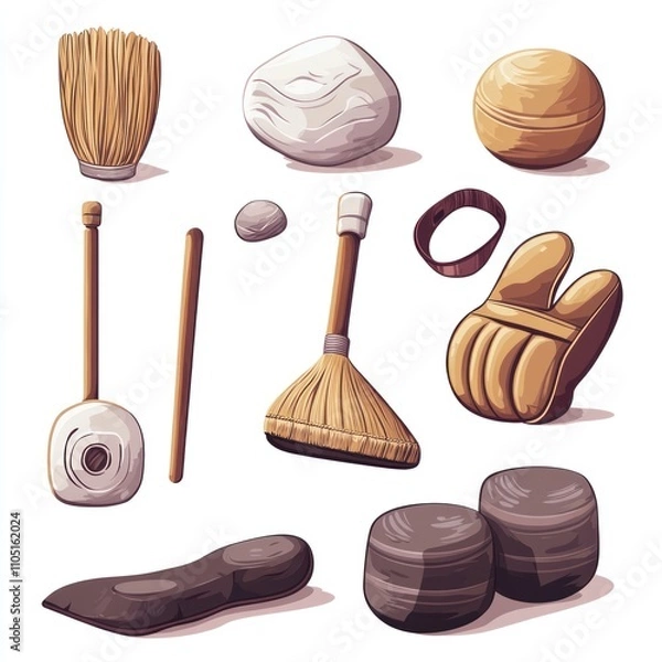 Fototapeta Whimsical Illustration of Rustic Tools and Objects:  Brooms, Stones, Whisk, and Wooden Balls