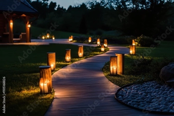 Fototapeta Enchanting outdoor decor lights illuminate a winding garden path, creating a magical trail through nature.