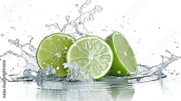 Fototapeta Lime Slices Splashing into Water