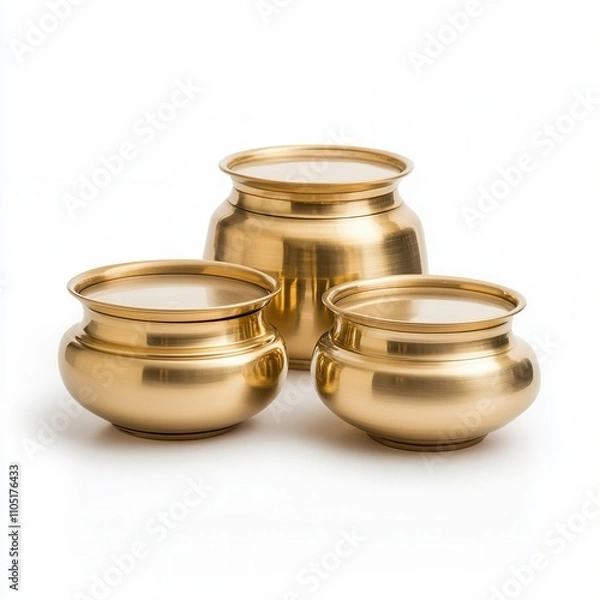 Fototapeta Three elegant brass pots with smooth surfaces and varying sizes, showcasing a polished finish that reflects light beautifully. isolated on white background