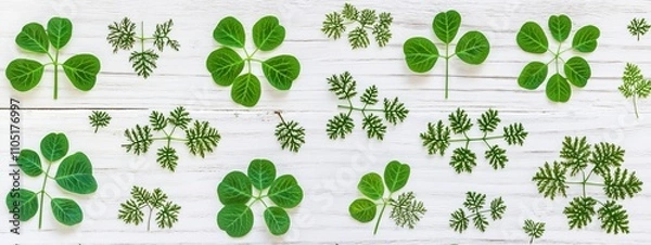 Obraz Eucalyptus leaves sit on a white wooden surface, forming a peaceful and simplistic background suitable for adding creative text.