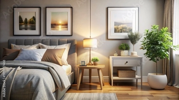 Fototapeta Cozy Bright Bedroom Interior with Bedside Table, Table Lamp, and Mockup Frame, Showcasing Modern Design Elements in a 3D Rendered Space with Bokeh Effect