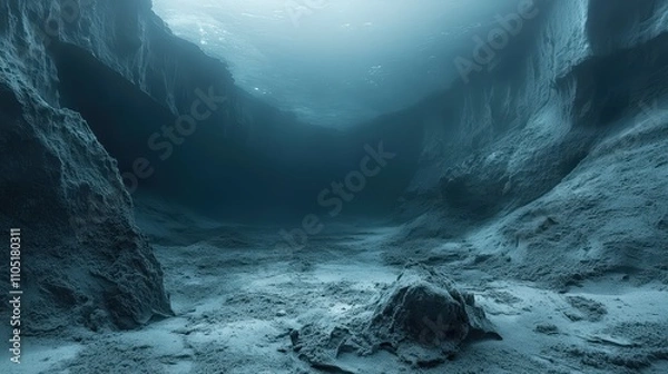 Fototapeta A serene underwater landscape showcasing deep ocean canyons and ethereal light filtering through water.