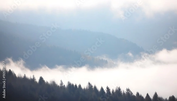Fototapeta Serene Beauty of Mountains with Mist-Covered Forests