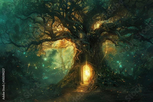 Fototapeta Fantastically door in wild forest leading to deep unknown