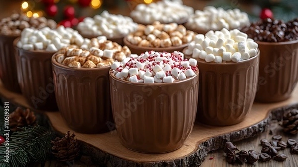 Fototapeta Assortment of festive Christmas treats including hot chocolate with marshmallows cocoa and other sweet desserts served in ceramic mugs on a wooden table with evergreen pine cones berries