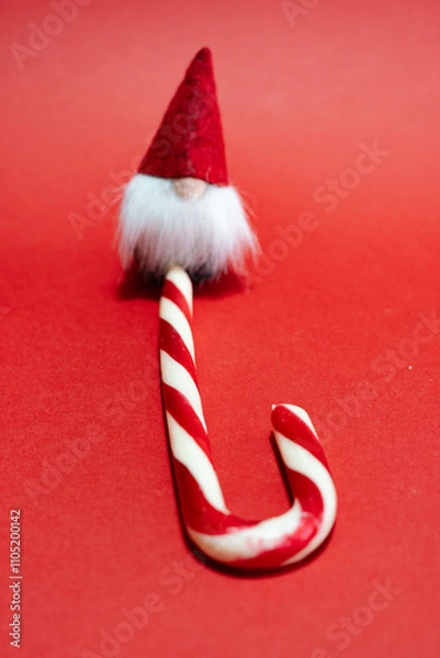 Fototapeta Small Christmas gnome with candy cane isolated on a red background. Christmas and Christmas concept.