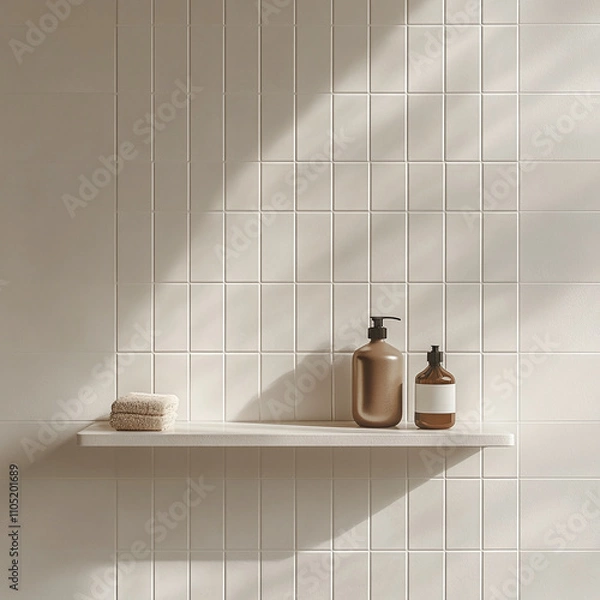 Fototapeta background, template of shelves, bathroom shelves in minimalism,for product presentation ,product card,products,cosmetics, product demonstration. location bathroom