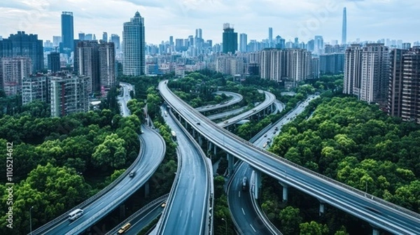 Obraz Overpass with a panoramic view of a sprawling modern city, bustling with life 