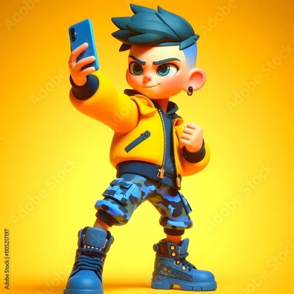 Obraz A stylized, animated character with short, spiky blue hair