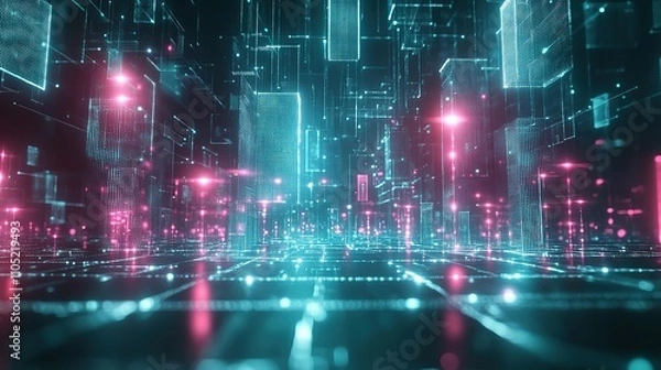 Fototapeta Futuristic cityscape with glowing lines and digital structures.