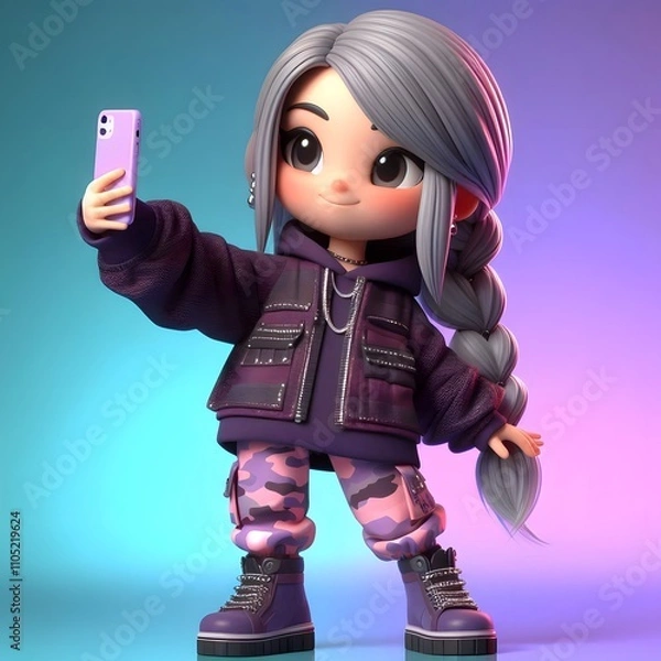 Obraz 3D character with silver hair in a braided ponytail