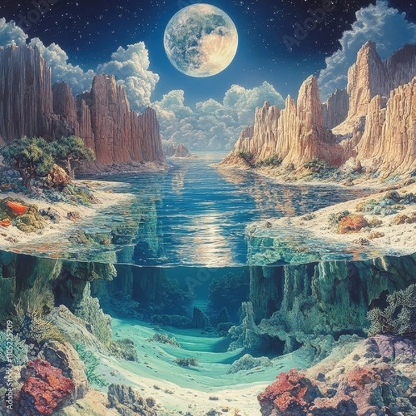 Fototapeta A stunning underwater landscape featuring vibrant coral reefs and a serene moonlit sky above, offering a glimpse into nature's beauty.