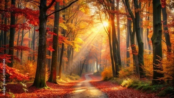 Fototapeta Autumnal Pathway Sunbeams Illuminate a Winding Road Through a Forest of Crimson and Gold