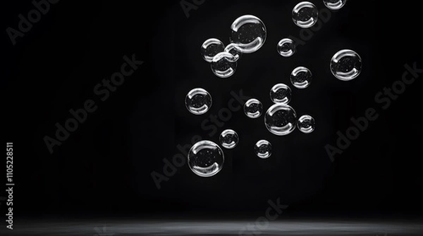 Fototapeta Transparent Bubbles Floating Against Black Background