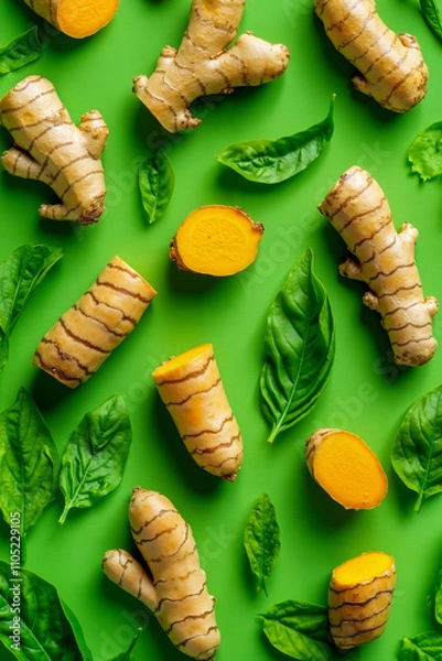 Fototapeta A bunch of tumeric root and leaves on a green background