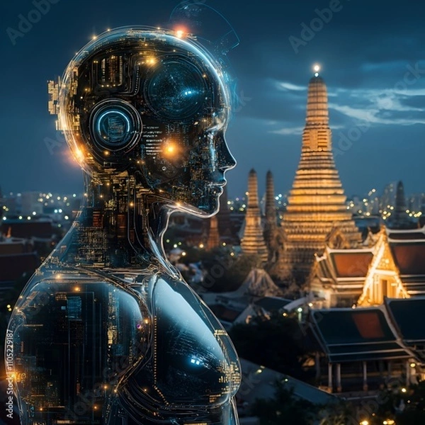 Fototapeta Artificial intelligence and digital intelligence: Data flow or connectivity in smart cities