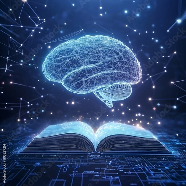 Fototapeta Digital image of the brain with a network-like structure. The brain is connected to a database, artificial intelligence, neural networks, or advanced processing.