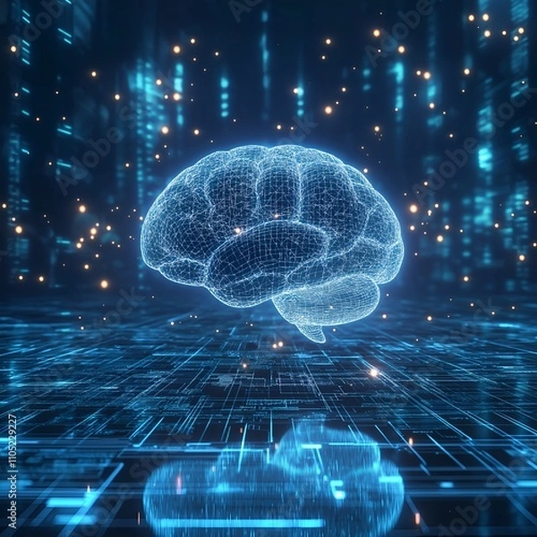 Fototapeta Digital image of the brain with a network-like structure. The brain is connected to a database, artificial intelligence, neural networks, or advanced processing.
