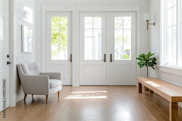 Fototapeta A bright hallway with minimalist decor, modern doors, and a touch of greenery.