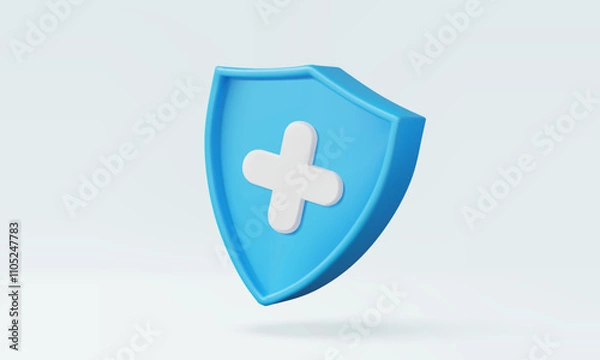 Obraz Medical blue shield protection with plus on pastel background insurance report information service healthcare medicine hospital support doctor emergency 3d vector illustration