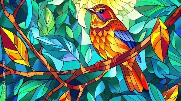 Fototapeta Illustration in stained glass style with a bright bird on a branch on a blue background