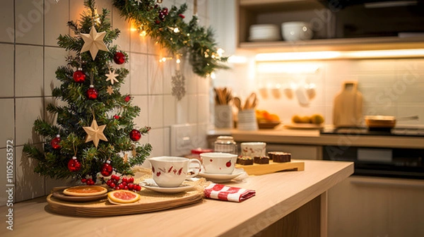Fototapeta cozy Christmas kitchen scene featuring small decorated tree, festive treats, and warm lighting. atmosphere is inviting and cheerful, perfect for holiday gatherings