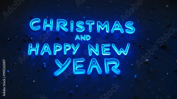 Fototapeta Christmas and Happy New Year in glowing blue neon text on a dark background